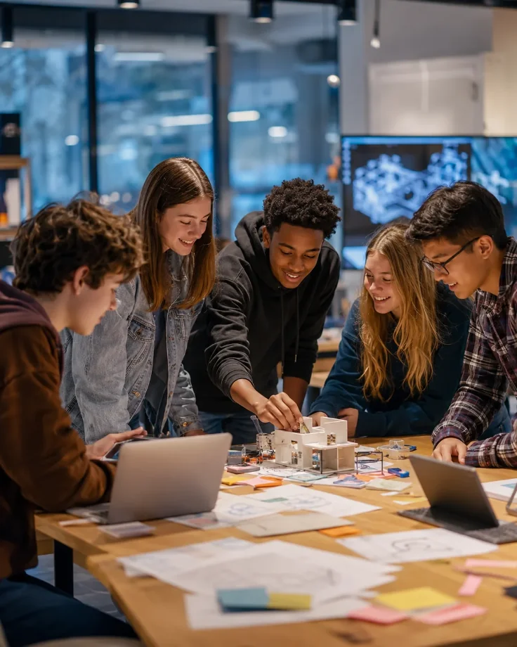 Jóvenes creando un prototipo con inteligencia artificial