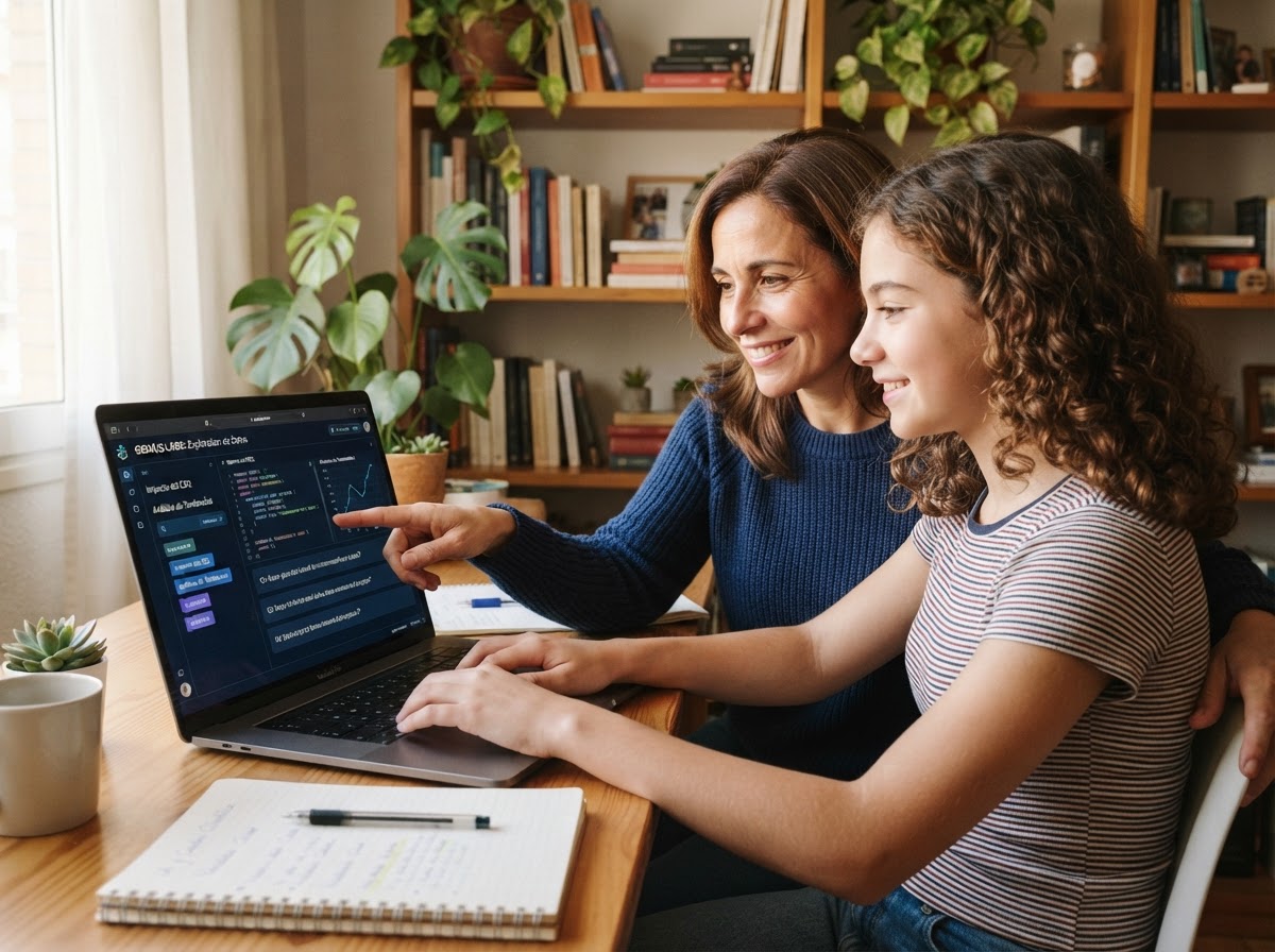 Madre e hija revisando juntas un ejercicio con inteligencia artificial en una laptop